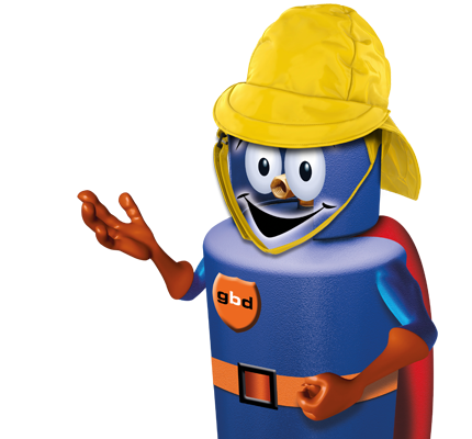 Gazza The Gas Bottle Character wearing a Yellow Rain Hat